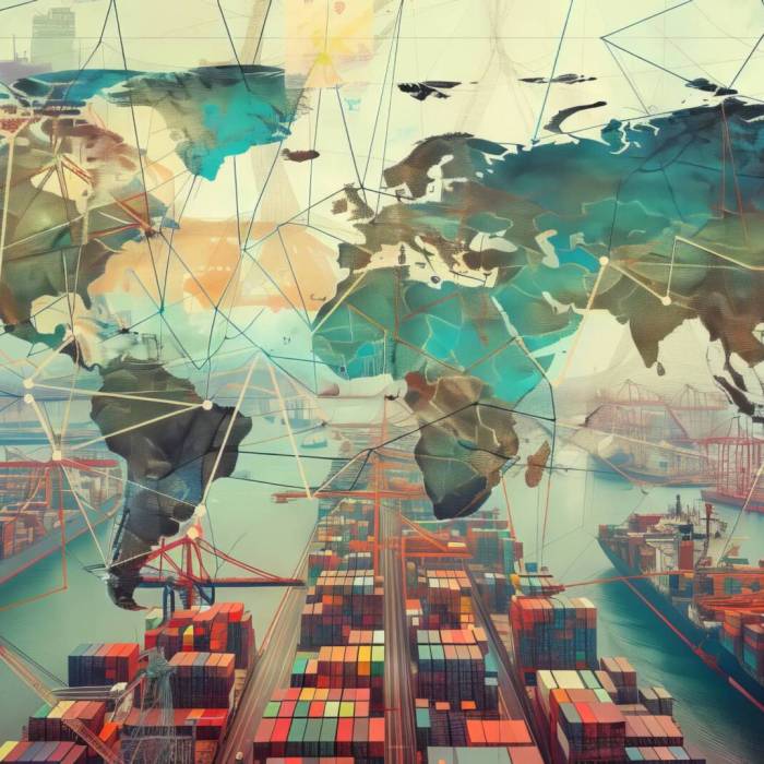 Intricate global value chains connecting manufacturers, suppliers, and distributors across borders - conceptual illustration of international trade and supply chains